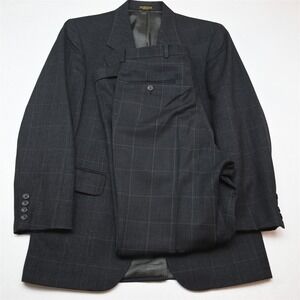 Vtg USA Made 38R 30x32 Gray Windowpane Wool Mens Jacket Pants Suit